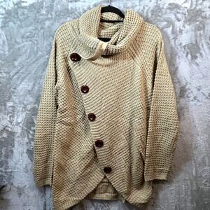 Grecerelle Women L Oatmeal Waffle Knit Asymmetrical Button Cowl Neck Sweater NWT
